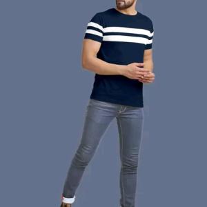 Men's Horizontal Stripes Regular Navy Blue Tshirts